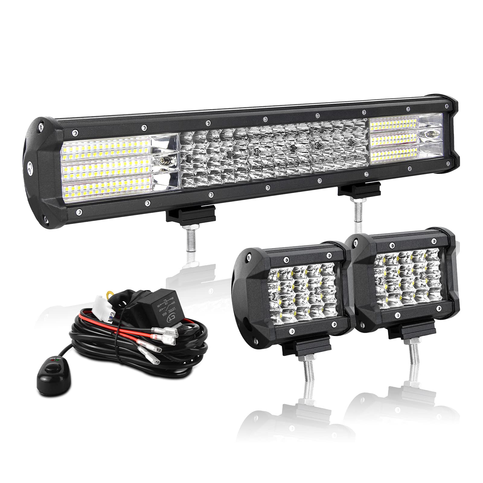 AUXTINGS 45 cm 450W LED Lichtleiste Spot Zusatzscheinwerfer Flutlicht+ 2x 10cm 36W Spot LED Arbeitsleuchte mit 2 Kabeln 12V Kabelbaum-Kit für JP Pickup Offroad Truck 4X4 ATV Bootsanhänger,wasserdicht von AUXTINGS