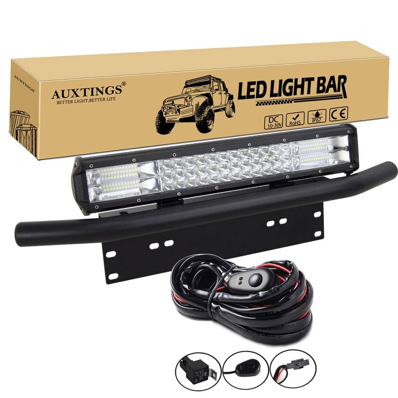 AUXTINGS 46 cm 18 Zoll 252W Dreifachreihe LED Arbeitslicht Bar Spot Flood Combo mit Kabelbaum Kit + Kennzeichen Montagehalterung für LKW Auto ATV SUV 4x4 JP Truck Boat Traktor, 12V 24V wasserdicht von AUXTINGS