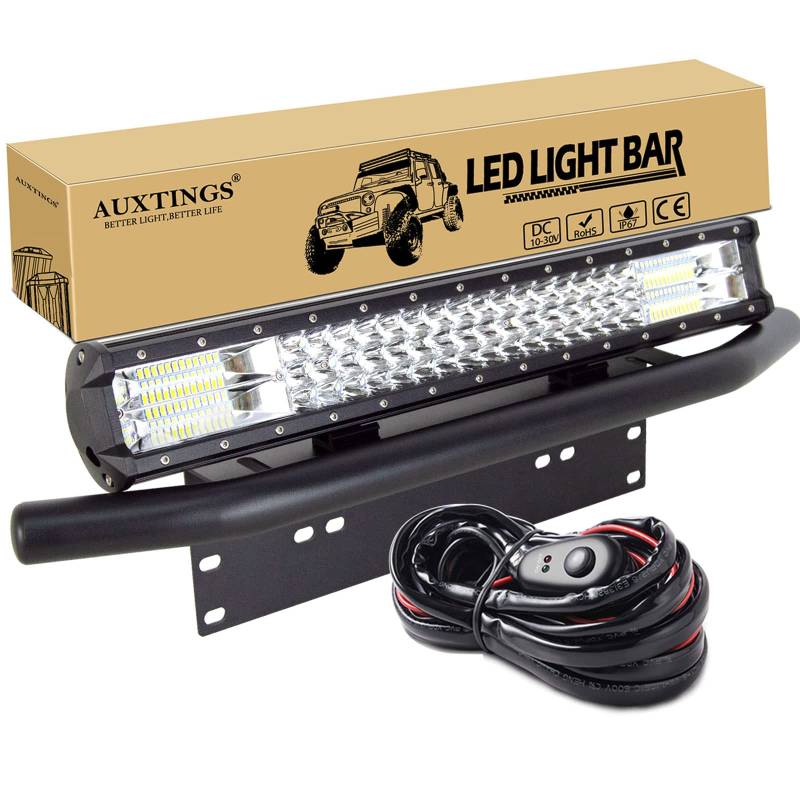 AUXTINGS 50 cm 20 Zoll 288W Dreifachreihe LED Arbeitslicht Bar Spot Flood Combo mit Kabelbaum Kit + Kennzeichen Montagehalterung für LKW Auto ATV SUV 4x4 JP Truck Boat Traktor, 12V 24V wasserdicht von AUXTINGS