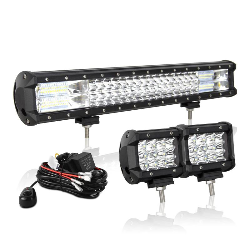 AUXTINGS 50 cm 252W LED Lichtleiste Spot Zusatzscheinwerfer Flutlicht + 2x 10cm 36W Spot LED Arbeitsleuchte mit 2 Kabeln 12V Kabelbaum-Kit für JP Pickup Offroad Truck 4X4 ATV Bootsanhänger,wasserdicht von AUXTINGS