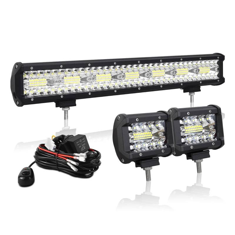 AUXTINGS 50 cm 420W LED Lichtleiste Spot Zusatzscheinwerfer Flutlicht+ 2x 10cm 36W Spot LED Arbeitsleuchte mit 2 Kabeln 12V Kabelbaum-Kit für JP Pickup Offroad Truck 4X4 ATV Bootsanhänger,wasserdicht von AUXTINGS