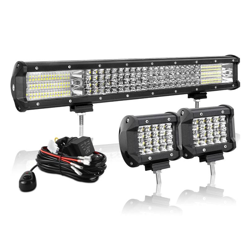 AUXTINGS 50 cm 510W LED Lichtleiste Spot Zusatzscheinwerfer Flutlicht, 2X 10cm 36W Spot LED Arbeitsleuchte mit 2 Kabeln 12V Kabelbaum-Kit für JP Pickup Offroad Truck 4X4 ATV Bootsanhänger,wasserdicht von AUXTINGS