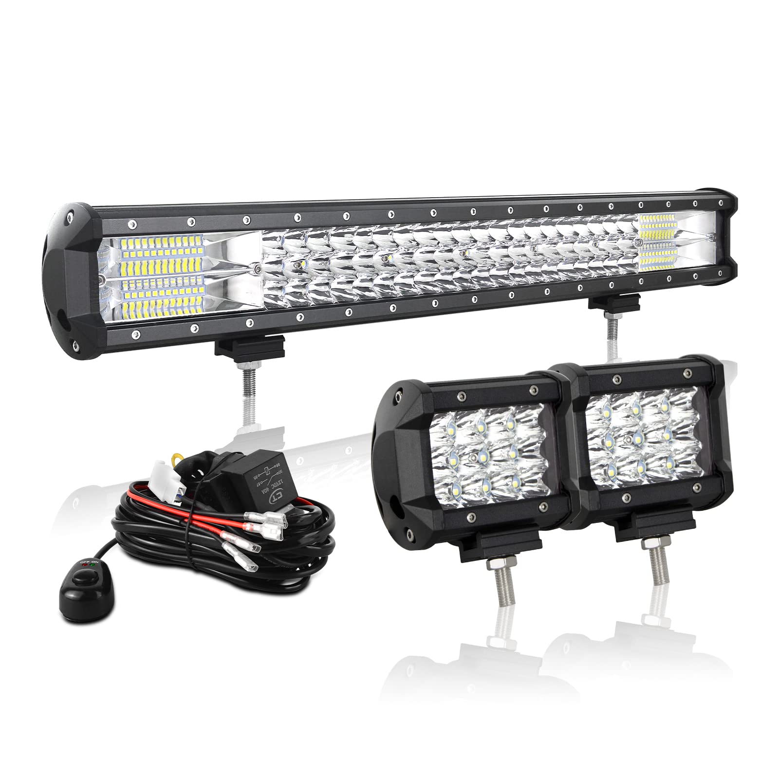 AUXTINGS 57 cm 324W LED Lichtleiste Spot Zusatzscheinwerfer Flutlicht,2x 10cm Spot LED Arbeitsleuchte mit 2 Kabeln 12V Kabelbaum Kit für JP Pickup Offroad Truck 4X4 ATV Bootsanhänger,wasserdicht von AUXTINGS