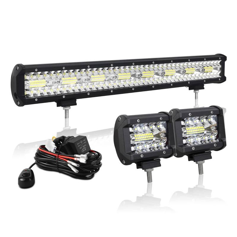 AUXTINGS 57 cm 480W LED Lichtleiste Spot Zusatzscheinwerfer Flutlicht,2x 10cm 36W Spot LED Arbeitsleuchte mit 2 Kabeln 12V Kabelbaum-Kit für JP Pickup Offroad Truck 4X4 ATV Bootsanhänger,wasserdicht von AUXTINGS