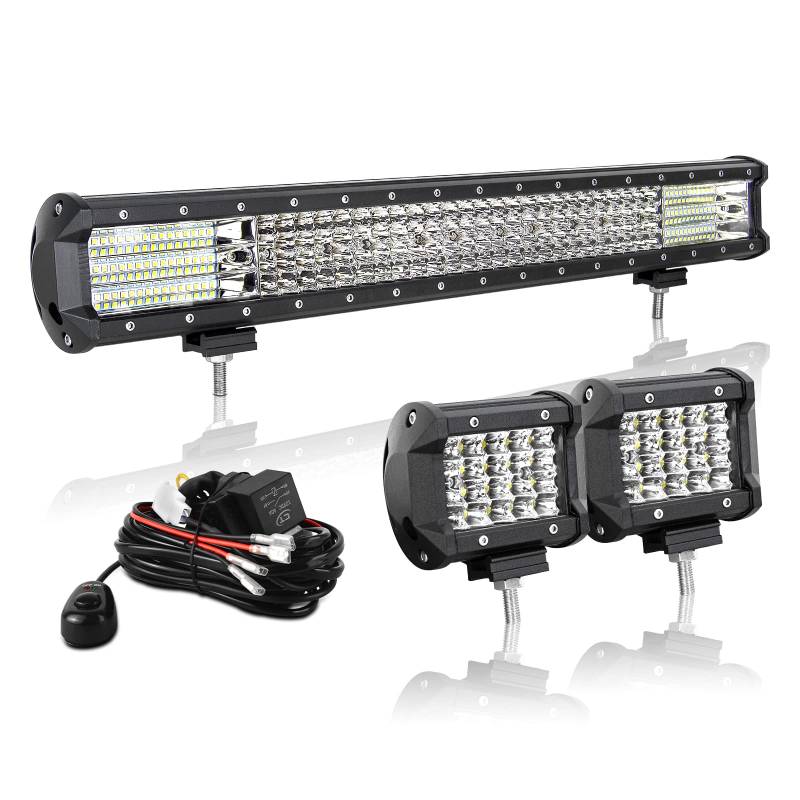 AUXTINGS 57 cm 570W LED Lichtleiste Spot Zusatzscheinwerfer Flutlicht+ 2x 10cm 36W Spot LED Arbeitsleuchte mit 2 Kabeln 12V Kabelbaum-Kit für JP Pickup Offroad Truck 4X4 ATV Bootsanhänger,wasserdicht von AUXTINGS