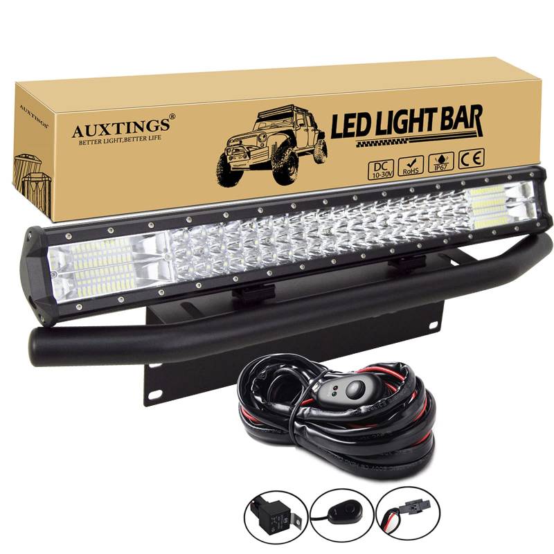 AUXTINGS 57cm 22 Zoll 324W Dreifachreihe LED Arbeitslicht Bar Spot Flood Combo mit Kabelbaum Kit + Kennzeichen Montagehalterung für Lkw Auto ATV SUV 4x4 JP Truck Boat Traktor, 12V 24V wasserdicht von AUXTINGS