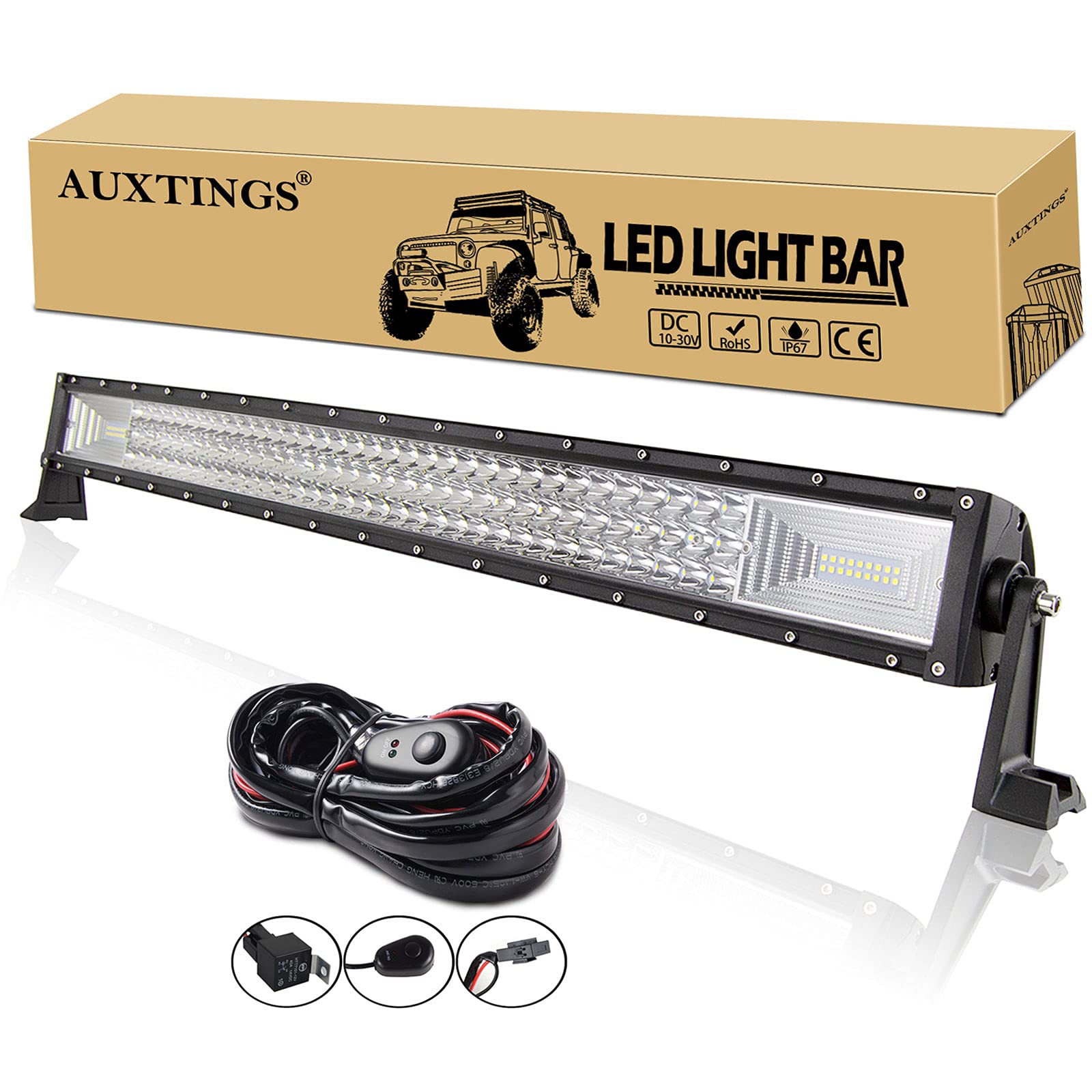 AUXTINGS 82 cm 32 Zoll 405W dreireihige LED-Lichtleiste Arbeitslichtpunkt Flutstrahl mit Kabelbaum-Kit Schalter für LKW-Traktor 4X4 Boot Off Road Auto Nebelscheinwerfer 12V 24V Wasserdicht IP67 von AUXTINGS