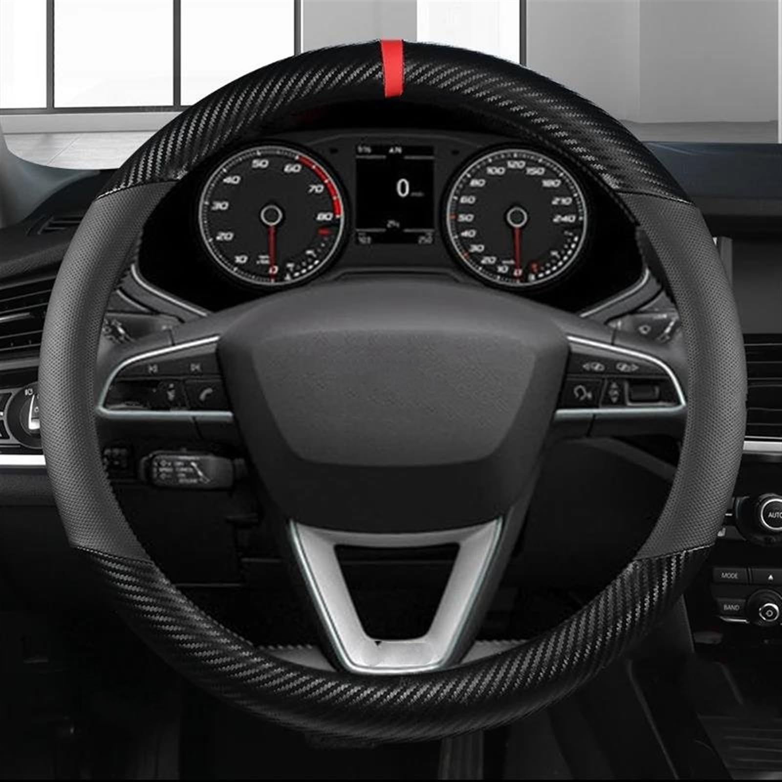 Lenkradschoner Carbon Fiber + Leder Auto Lenkrad Abdeckung Nicht-Slip 38cm Für Sitz Für Tarraco Für Arona Steering Wheel Cover (Farbe : Black O Shape) von AVFORA