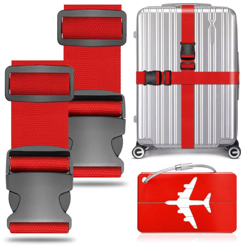 2 Stück Koffergurt Kofferband Gepäckgurt Einstellbare Kofferband mit 1 Stück Kofferanhänger, Gepäckband für Schnell erkennen Gepäck Reisetasche Koffer von AWDIUM