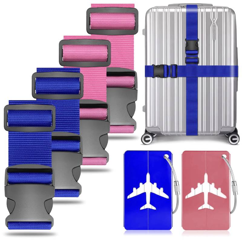4 Stück Koffergurt Kofferband Gepäckgurt Einstellbare Kofferband mit 2 Stück Kofferanhänger, Gepäckband für Schnell erkennen Gepäck Reisetasche Koffer von AWDIUM