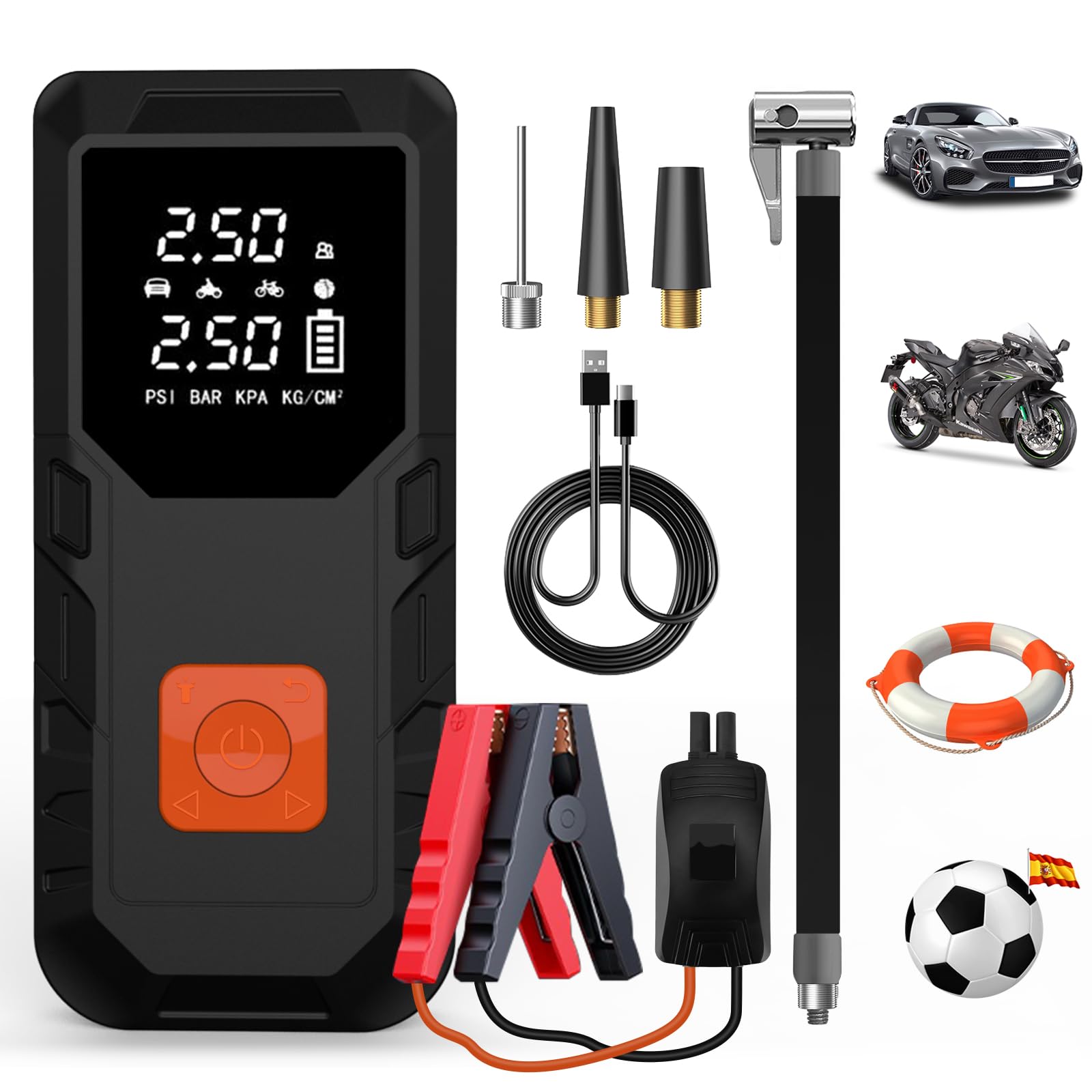 AWESAFE Starthilfe Powerbank, Luftpumpe, Handy Powerbank mit LED Licht Multifunktional Powerbank 8000mAh, Tragbare Starthilfe Powerbank für Auto, Mini Kompressor mit für Fahrrad, Motorrad, Auto, Bäll von AWESAFE