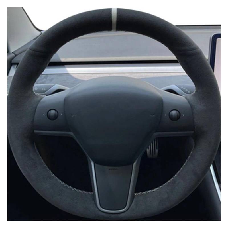 Auto Lenkradbezug Für Tesla Für Modell 3 2015-2021 Für Modell Für Y 2019-2021 Auto Lenkrad Abdeckung Wrap Non-Slip Echtes Leder Wildleder Leder Geflecht Lenkrad Bezug(Tr) von AWGNTQQ