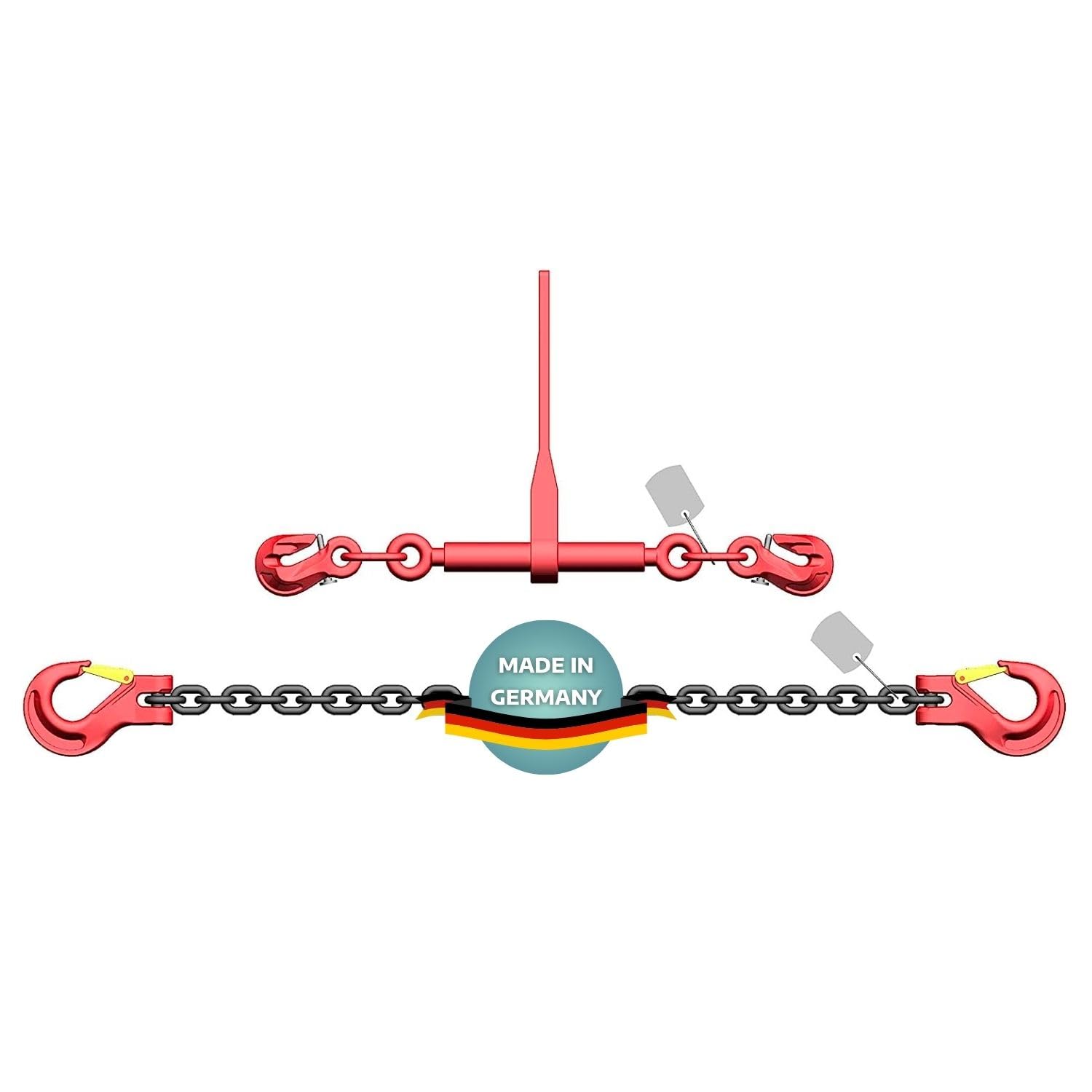 AWOTEX Zweiteilige Zurrkette 6 mm GK8 mit Ratschenlastspanner I langlebige Zurrkette für Bagger mit Ratsche I Sicherheitsgeprüfte Zurrkette für Bagger I Bagger-Zurrkette 1,5 m lang von AWOTEX