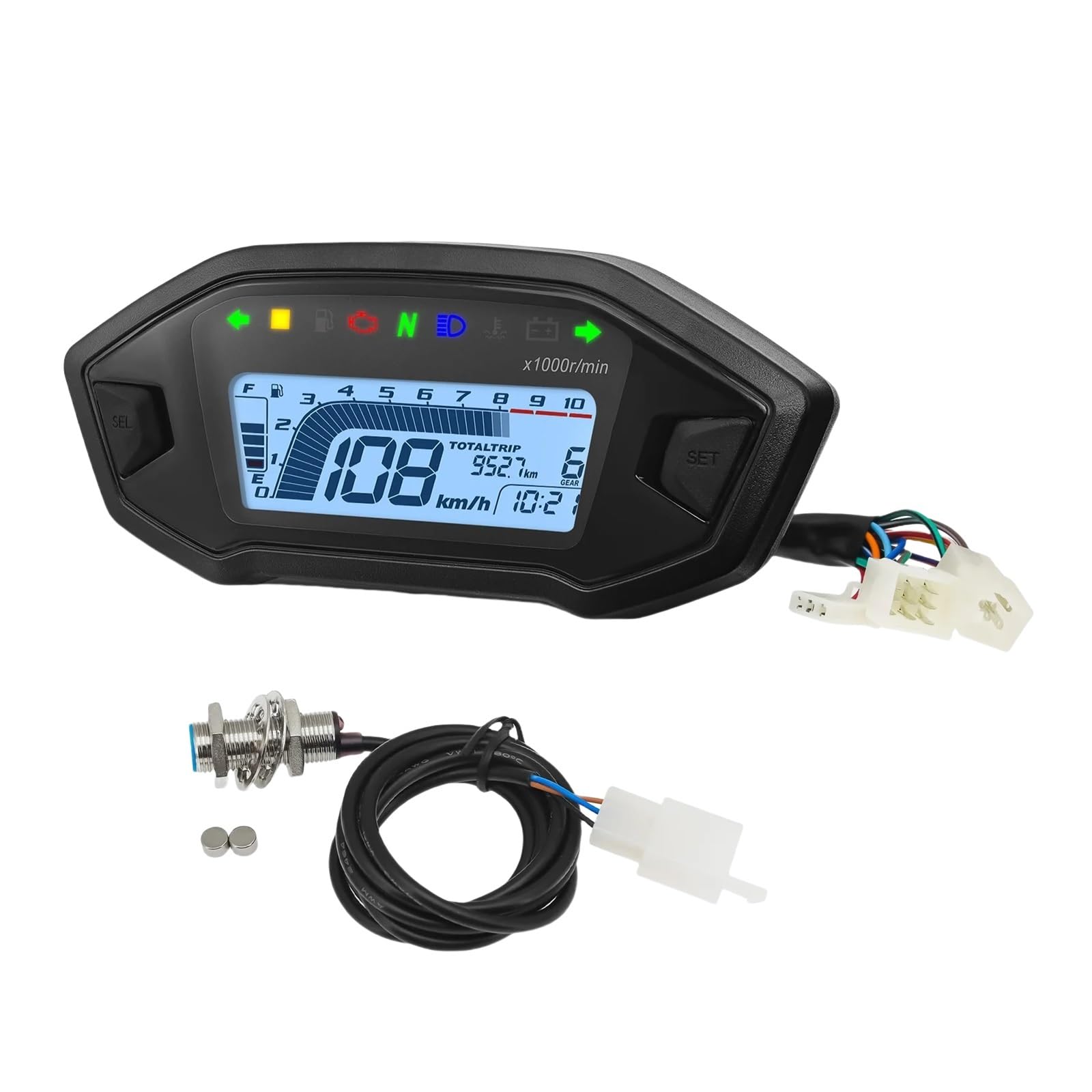 AXCAR Kilometerzähler Motorrad Digital Tachometer Tachometer Instrument Dashboard Panel Motorrad LCD Display 10000RPM Für 2-4 Zylinder(with Sensor A) von AXCAR