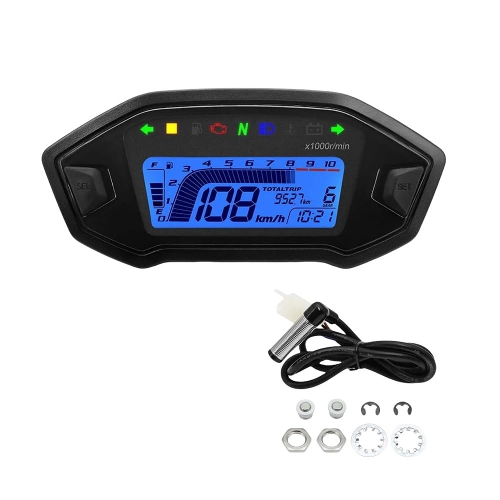 AXCAR Kilometerzähler Motorrad Digital Tachometer Tachometer Instrument Dashboard Panel Motorrad LCD Display 10000RPM Für 2-4 Zylinder(with Sensor B) von AXCAR