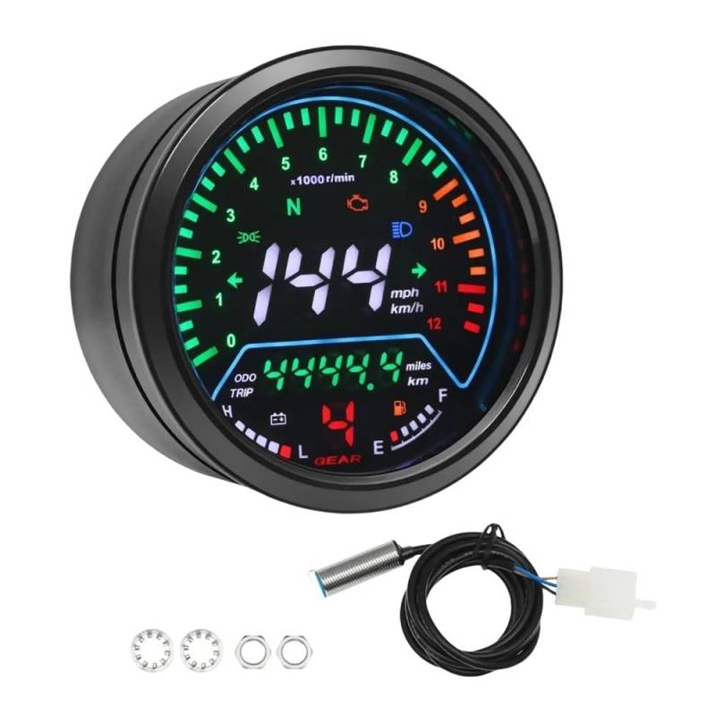 AXCAR Kilometerzähler Motorrad Instrument Universal Tachometer Digital Dashboard Meter 0~12000R/Min Tachometer Mit Getriebe Kraftstoff Niveau Spannung Meter(Gauge and Sensor) von AXCAR