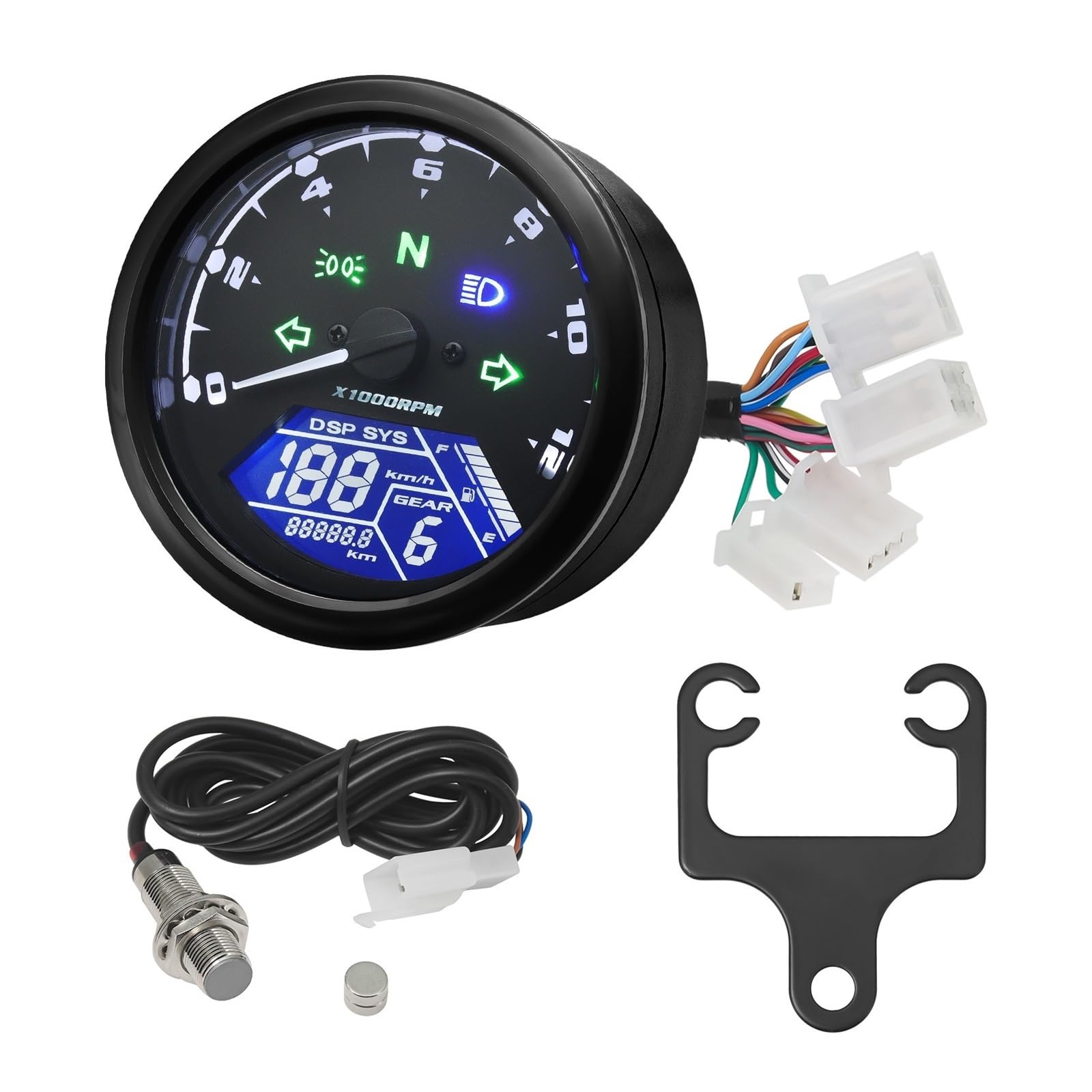 AXCAR Kilometerzähler Universal Motorrad 12000RMP LCD LCD-Computer-geschwindigkeitsmesser-grüne Tachometer Motorrad Gauge Motorrad Digital Dash Für 1-4 Zylinder(with bracket2) von AXCAR