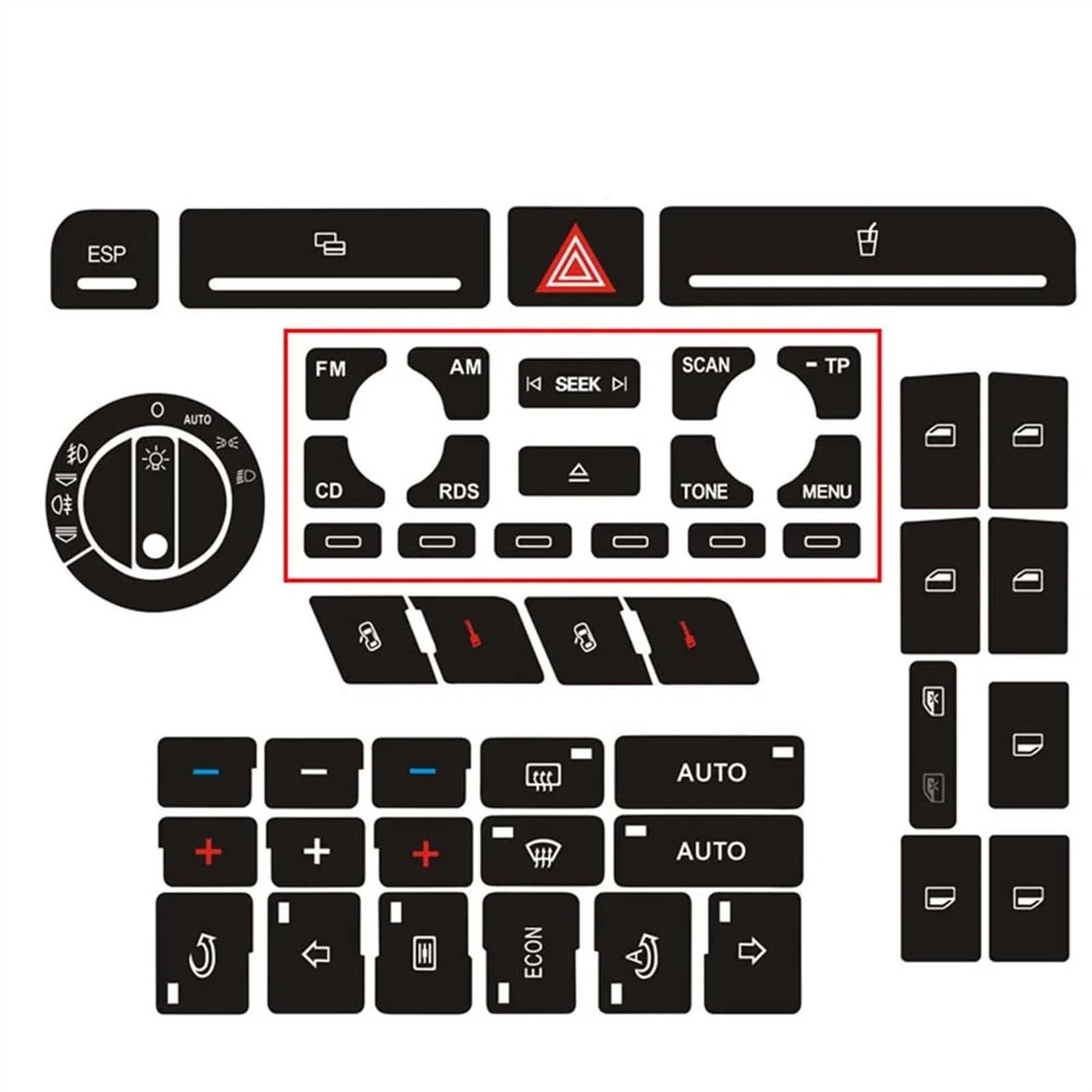 AXCDEVFC Switch Knopf Aufkleber Kompatibel Mit Für A4 Auto Front Radio Knopf Aufkleber Fensterheber Schalter Knopf Reparatursatz Alarm Klima Aufkleber Interner Knopf Aufkleber(Type A) von AXCDEVFC