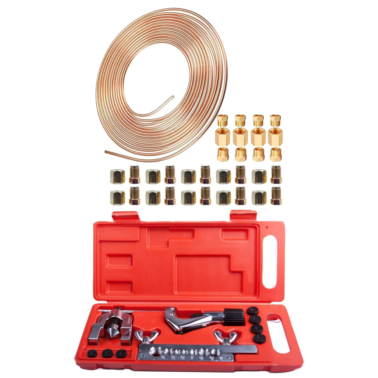 AXILYZE Bremsleitungs-Bördelwerkzeug, Bremsrohr-Kit für Bremsleitungsbördelung, mit 10 m 3/16 Zoll Kupferbeschichtetem Bremsrohr und 32 Bremsleitungsbeschlägen, ideal für Fahrzeugbremssysteme, von AXILYZE