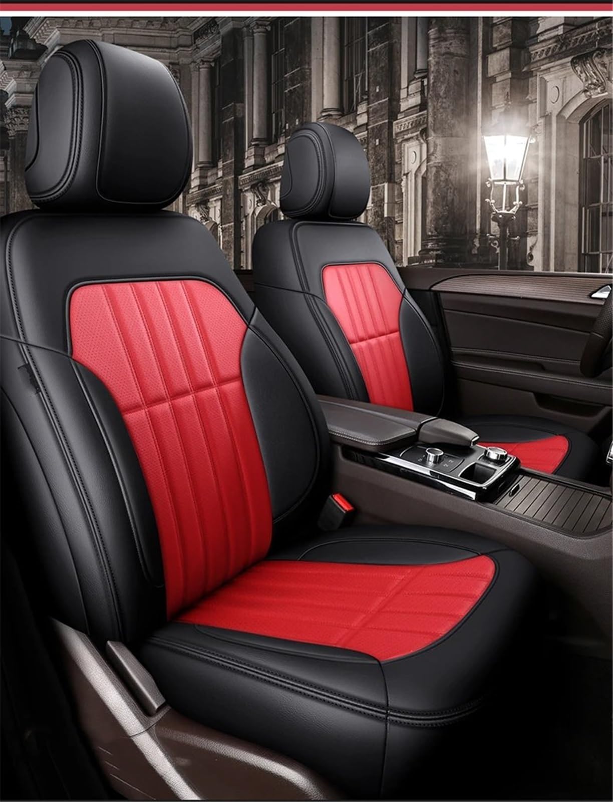 AXTAZS Auto Sitzbezügesets Kompatibel Mit Benz Für W204 W205 W211 W203 Autozubehör Sitzbezug Für 5 Sitze Auto Komplettset Sitzschutz Kissenpolster Automobilinnenraum(Black-red) von AXTAZS