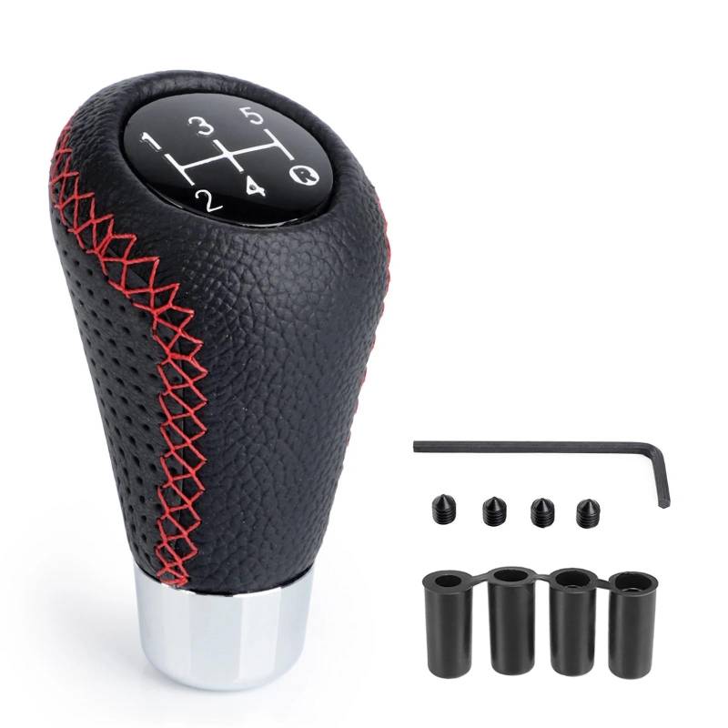 Schaltknauf,Gear Shift Knob Universeller 5-Gang-Schaltknauf aus Leder mit rotem Stich, Schaltknauf for Auto, Schalthebel for Schaltgetriebe, M8, M10, M11, M12(Red) von AYKNINGD