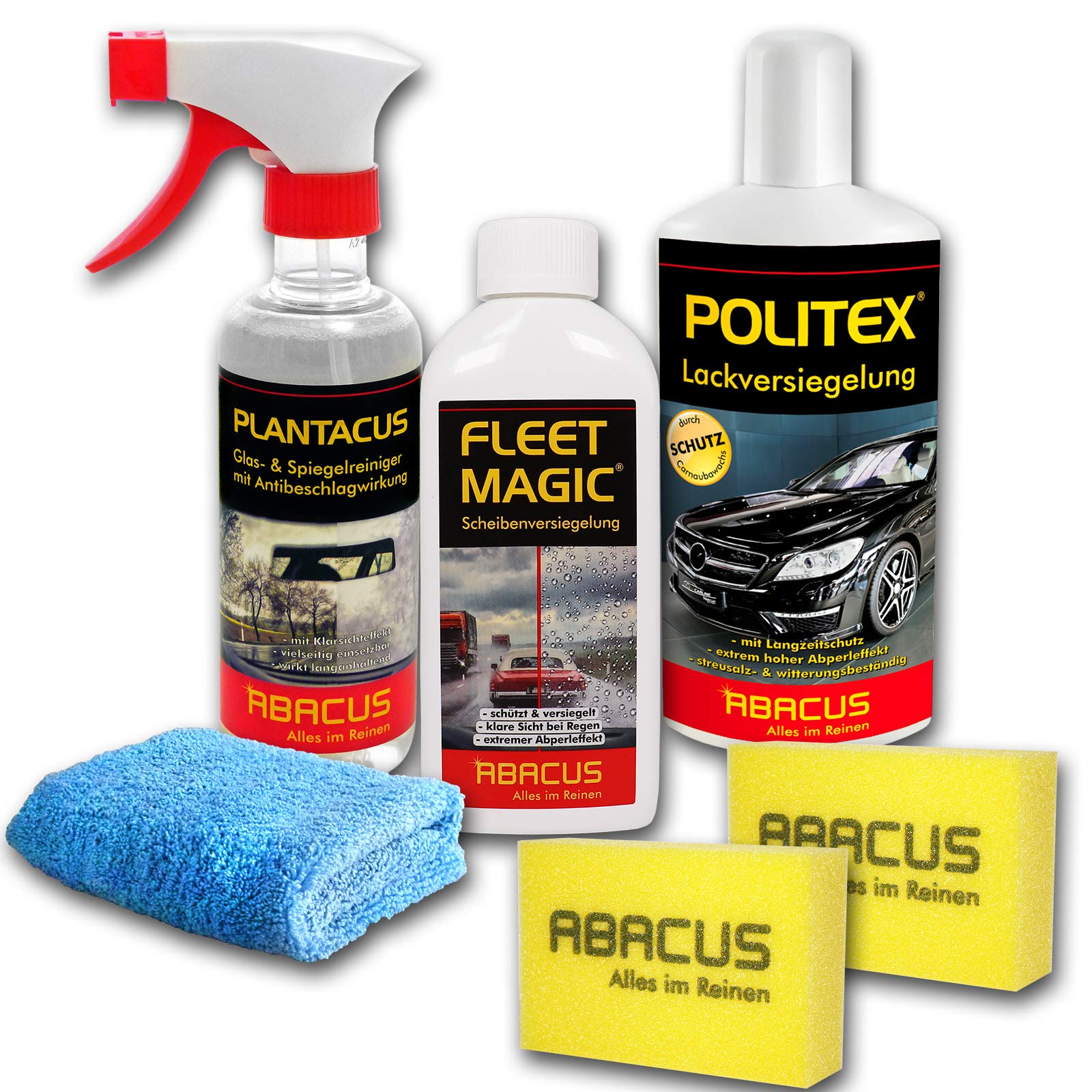 ABACUS® Versiegelung-Set - 1x 300 ml Plantacus Antibeschlagmittel + 1x 250 ml Scheibenversiegelung + 1x 500 ml Politex Lackversiegelung + 1x Mikrofaser Poliertuch + 2X Polierschwamm(7329) von ABACUS