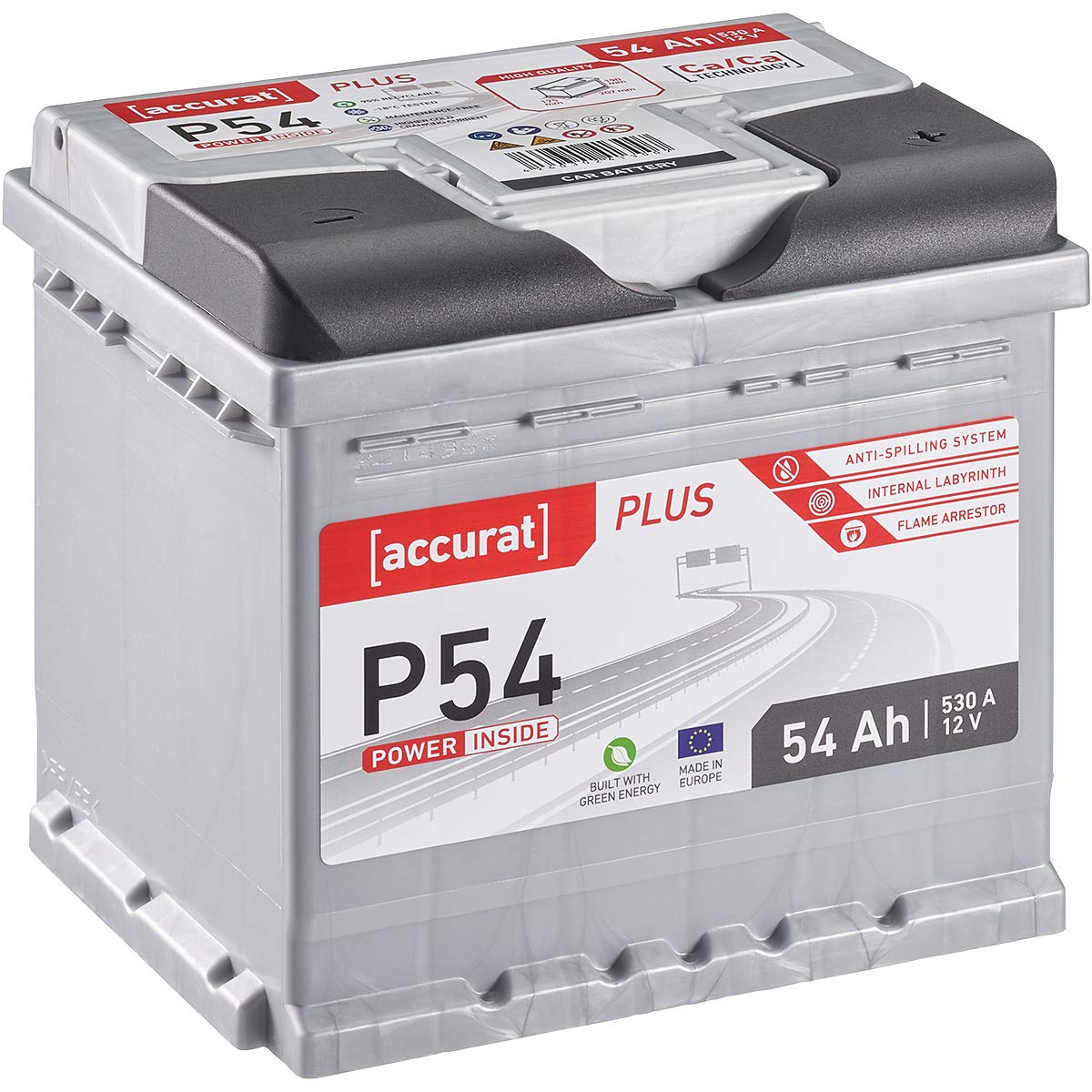 Accurat Plus P54 Autobatterie - 12V, 54Ah, 530A, zyklenfest, wartungsfrei, 35% mehr Startleistung, Ca-Technologie, Kaltstartkraft - Starterbatterie, Nassbatterie, Blei-Säure Batterie von Accurat