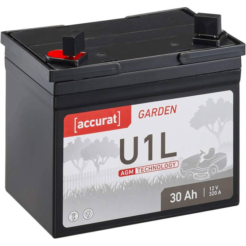 Accurat Motorradbatterie U1L- 12V, 30Ah, 320A, AGM, 30% mehr Kapazität, gasungsfrei, wartungsfrei, zyklenfest,vollverschlossen- VRLA Rasentraktor-Batterie, Starterbatterie für Aufsitzmäher,Frontmäher von Accurat