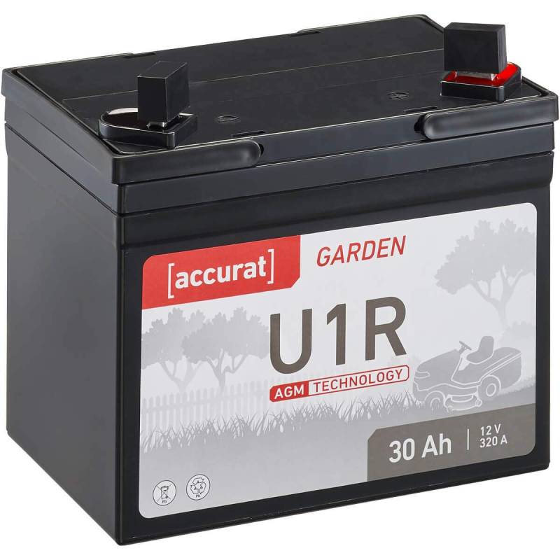 Accurat Motorradbatterie U1R- 12V, 30Ah, 320A, AGM, 30% mehr Kapazität, gasungsfrei, wartungsfrei, zyklenfest,vollverschlossen- VRLA Rasentraktor-Batterie, Starterbatterie für Aufsitzmäher,Frontmäher von Accurat