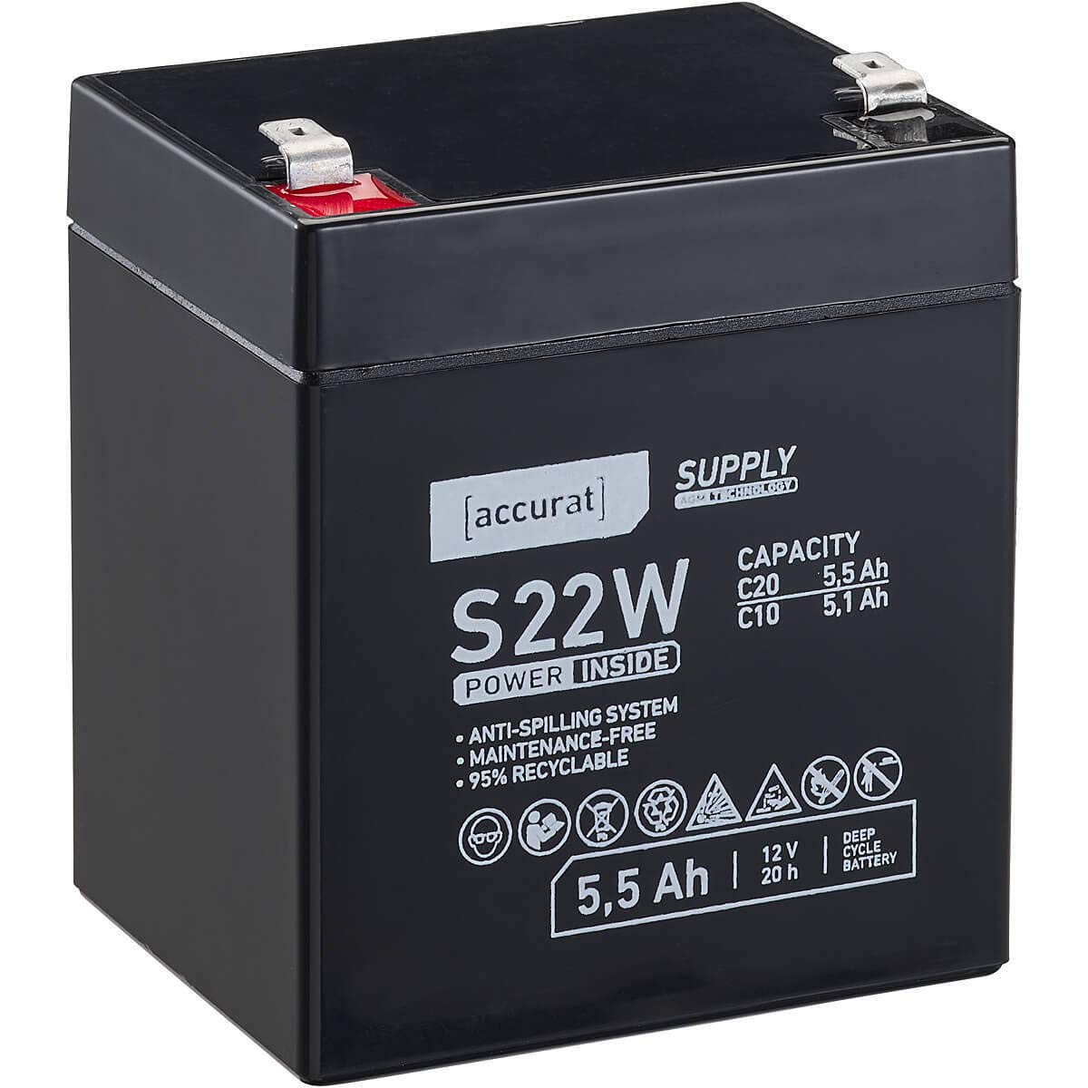 Accurat AGM Batterie S22w - 12V, 5,5Ah, zyklenfest, wartungsfrei - VRLA Versorgungsbatterie, Blei Akku, Solarbatterie, Bootsbatterie für Wohnmobil, Wohnwagen, Camper, Bootsbatterie von Accurat