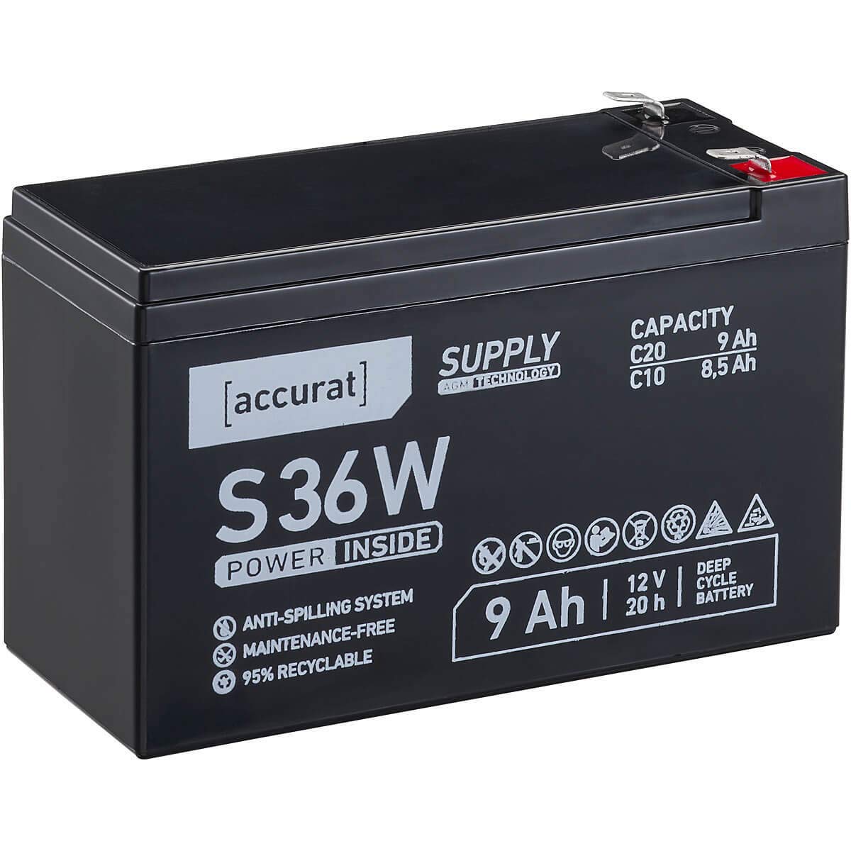 Accurat AGM Batterie S36w - 12V, 9Ah, zyklenfest, wartungsfrei - VRLA Versorgungsbatterie, Blei Akku, Solarbatterie, Bootsbatterie für Wohnmobil, Wohnwagen, Camper, Bootsbatterie von Accurat