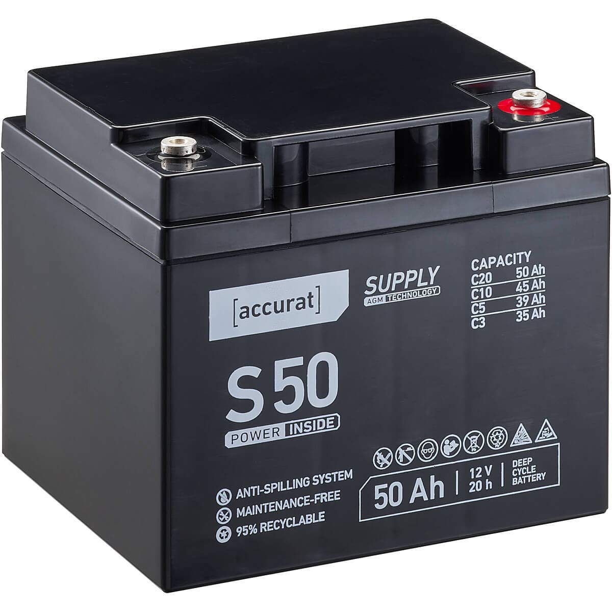 Accurat AGM Batterie S50-12V, 50Ah, zyklenfest, wartungsfrei - VRLA Versorgungsbatterie, Blei Akku, Solarbatterie, Bootsbatterie für Wohnmobil, Wohnwagen, Camper, Bootsbatterie von Accurat