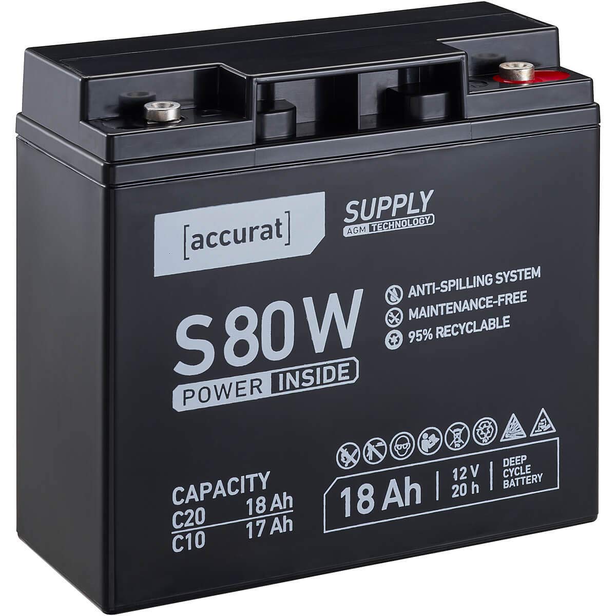 Accurat AGM Batterie S80w - 12V, 18Ah, zyklenfest, wartungsfrei - VRLA Versorgungsbatterie, Blei Akku, Solarbatterie, Bootsbatterie für Wohnmobil, Wohnwagen, Camper, Bootsbatterie von Accurat