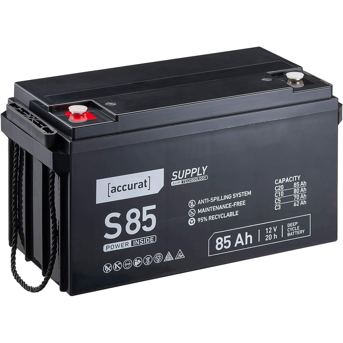 Accurat AGM Batterie S85-12V, 85Ah, zyklenfest, wartungsfrei - VRLA Versorgungsbatterie, Blei Akku, Solarbatterie, Bootsbatterie für Wohnmobil, Wohnwagen, Camper, Bootsbatterie von Accurat