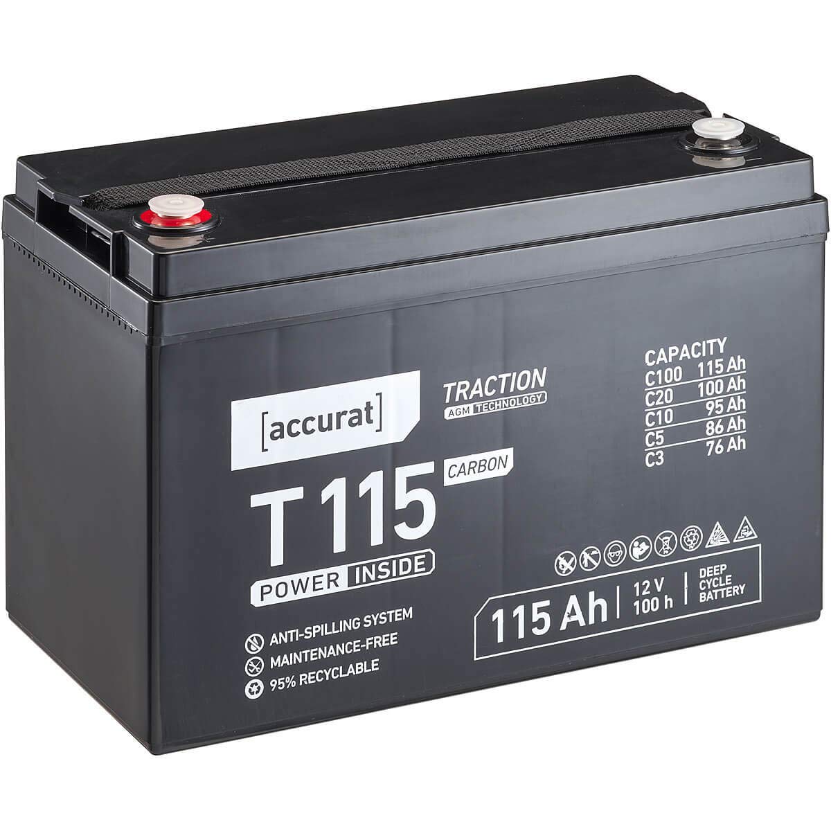 Accurat AGM Batterie T115-12V, 115Ah, zyklenfest, wartungsfrei - Traction Versorgungsbatterie, Carbon Blei Akku, Solarbatterie, Bootsbatterie für Wohnmobil, Wohnwagen, Camper, Bootsbatterie von Accurat