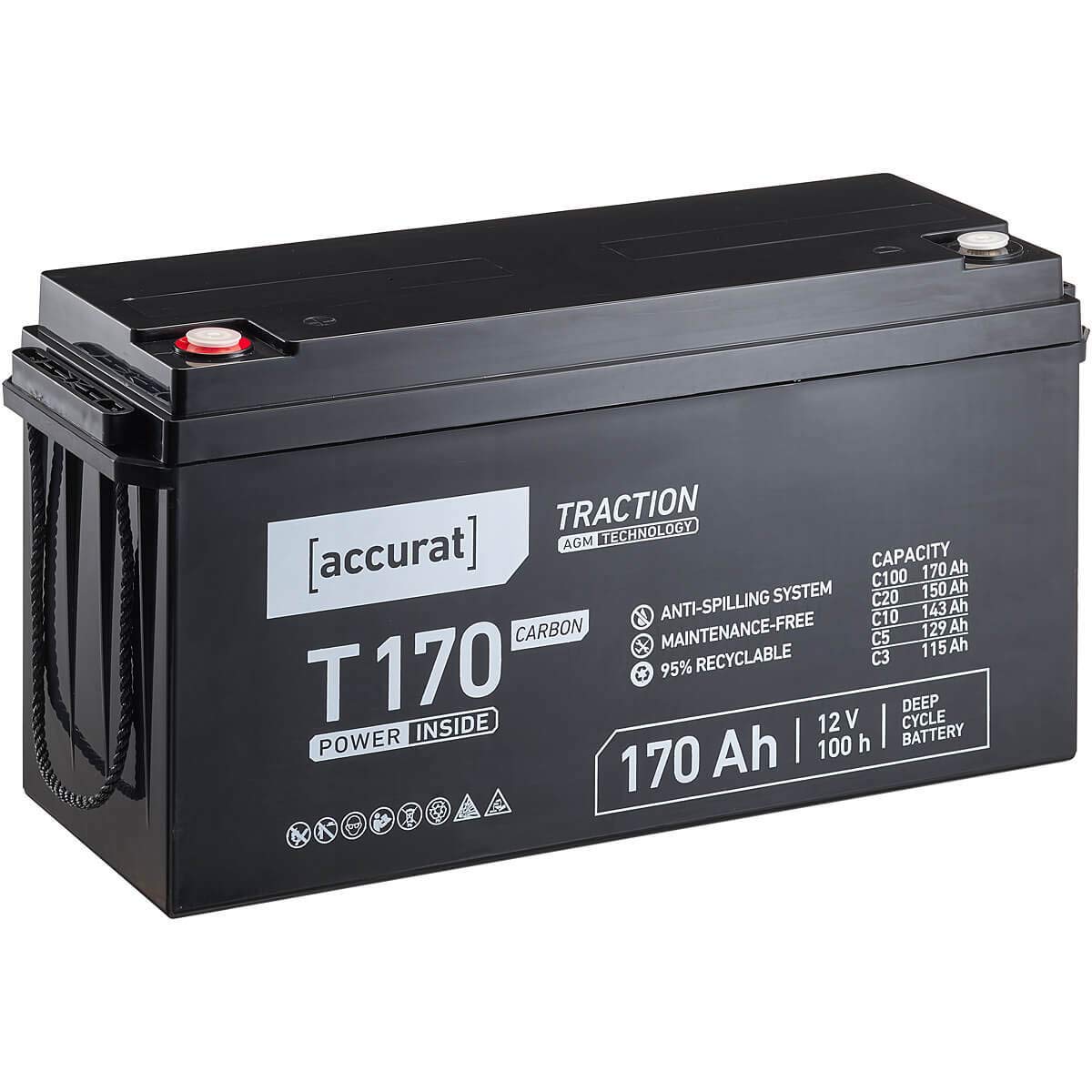 Accurat AGM Batterie T170-12V, 170Ah, zyklenfest, wartungsfrei - Traction Versorgungsbatterie, Carbon Blei Akku, Solarbatterie, Bootsbatterie für Wohnmobil, Wohnwagen, Camper, Bootsbatterie von Accurat