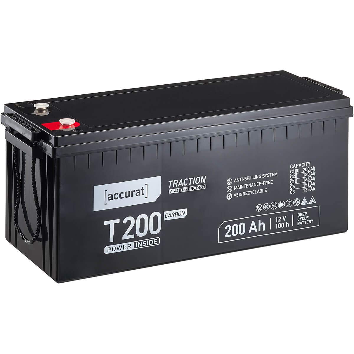 Accurat AGM Batterie T200-12V, 200Ah, zyklenfest, wartungsfrei - Traction Versorgungsbatterie, Carbon Blei Akku, Solarbatterie, Bootsbatterie für Wohnmobil, Wohnwagen, Camper, Bootsbatterie von Accurat