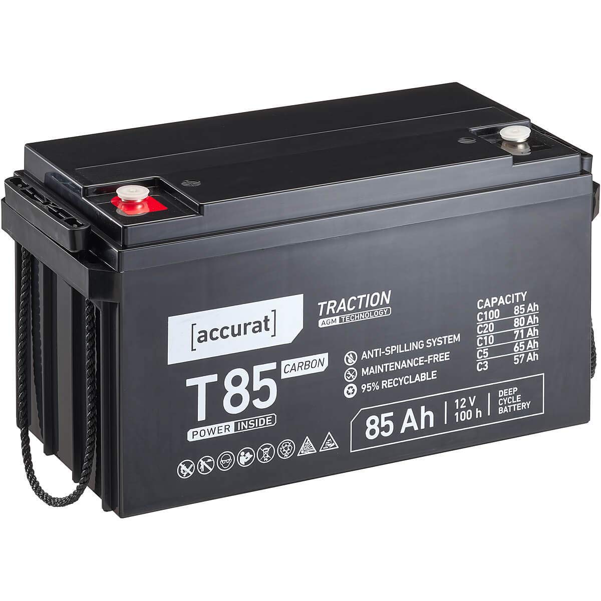 Accurat AGM Batterie T85-12V, 85Ah, zyklenfest, wartungsfrei - Traction Versorgungsbatterie, Carbon Blei Akku, Solarbatterie, Bootsbatterie für Wohnmobil, Wohnwagen, Camper, Bootsbatterie von Accurat