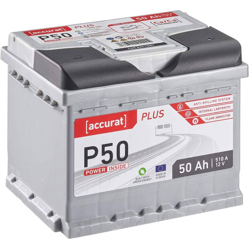 Accurat Plus P50 Autobatterie - 12V, 50Ah, 510A, zyklenfest, wartungsfrei, 35% mehr Startleistung, Ca-Technologie, Kaltstartkraft - Starterbatterie, Nassbatterie, Blei-Säure Batterie von Accurat