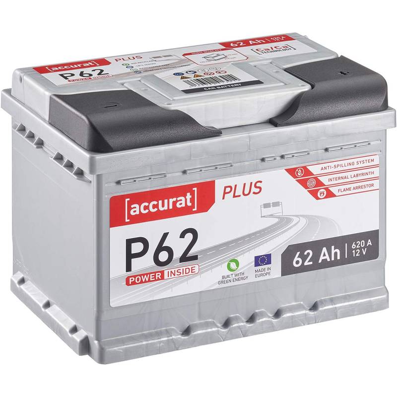 Accurat Plus P62 Autobatterie - 12V, 62Ah, 620A, zyklenfest, wartungsfrei, 35% mehr Startleistung, Ca-Technologie, Kaltstartkraft - Starterbatterie, Nassbatterie, Blei-Säure Batterie von Accurat