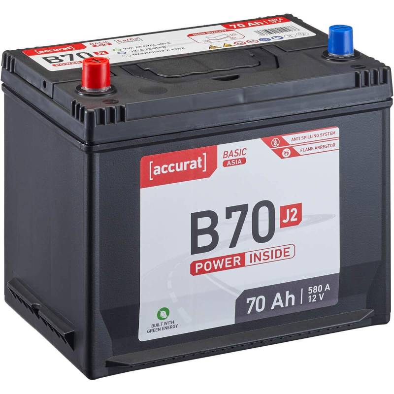 Accurat Basic Asia B70 Autobatterie - 12V, 70Ah, 580A, zyklenfest, wartungsfrei, 30% mehr Startleistung, Ca-Technologie, Pluspol links - Starterbatterie, Nassbatterie, Blei-Säure Batterie von Accurat