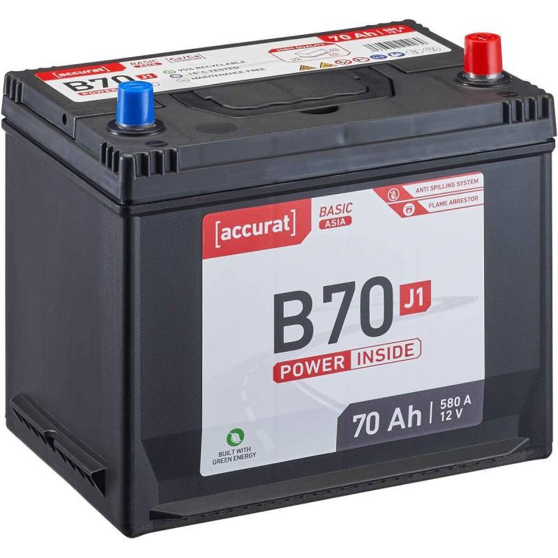 Accurat Basic Asia B70 Autobatterie - 12V, 70Ah, 580A, zyklenfest, wartungsfrei, 30% mehr Startleistung, Ca-Technologie, Pluspol rechts - Starterbatterie, Nassbatterie, Blei-Säure Batterie von Accurat