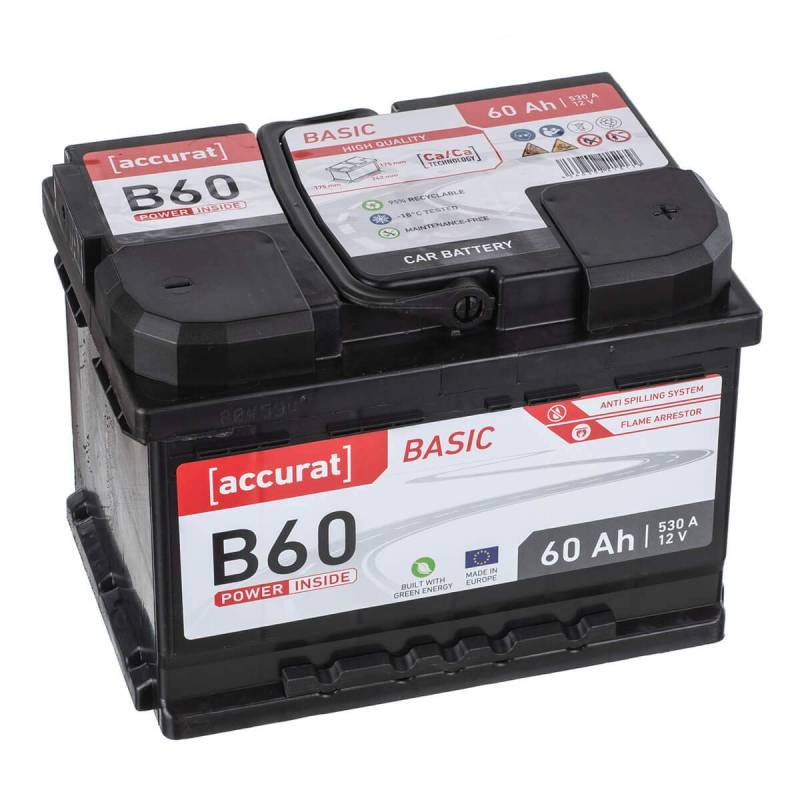 Accurat Basic B60 Autobatterie - 12V, 60Ah, 530A, zyklenfest, wartungsfrei, 30% mehr Startleistung, Ca-Technologie, Pluspol rechts- Starterbatterie, Nassbatterie, Blei-Säure Batterie von Accurat