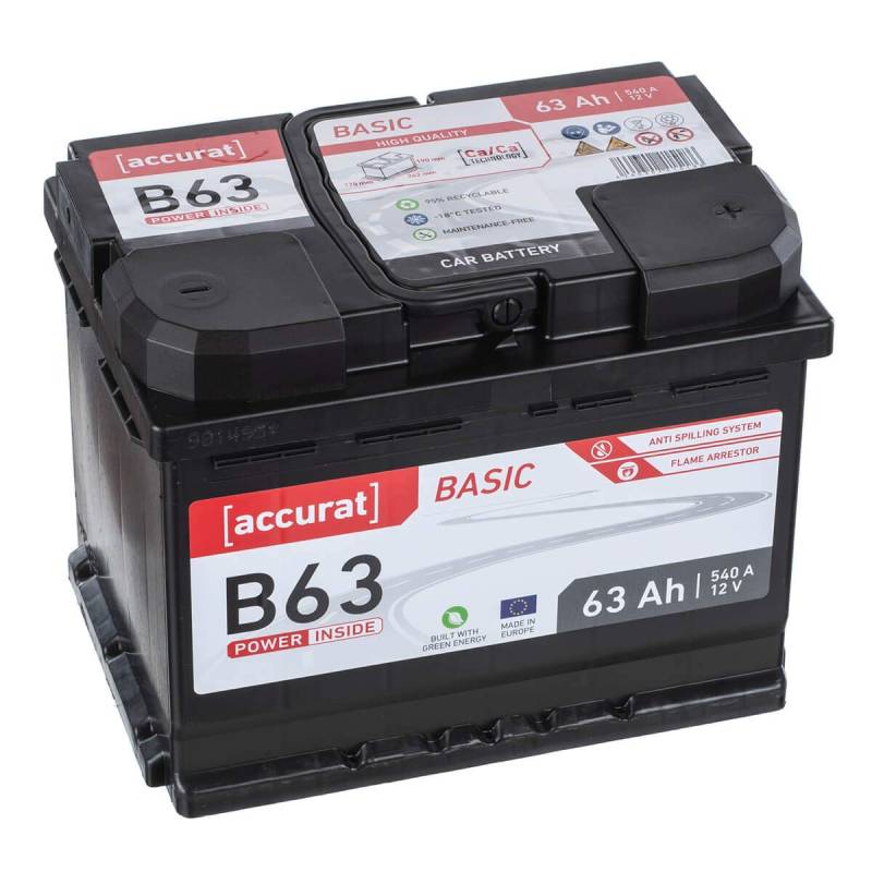 Accurat Basic B63 Autobatterie - 12V, 63Ah, 560A, zyklenfest, wartungsfrei, 30% mehr Startleistung, Ca-Technologie, Pluspol rechts- Starterbatterie, Nassbatterie, Blei-Säure Batterie von Accurat