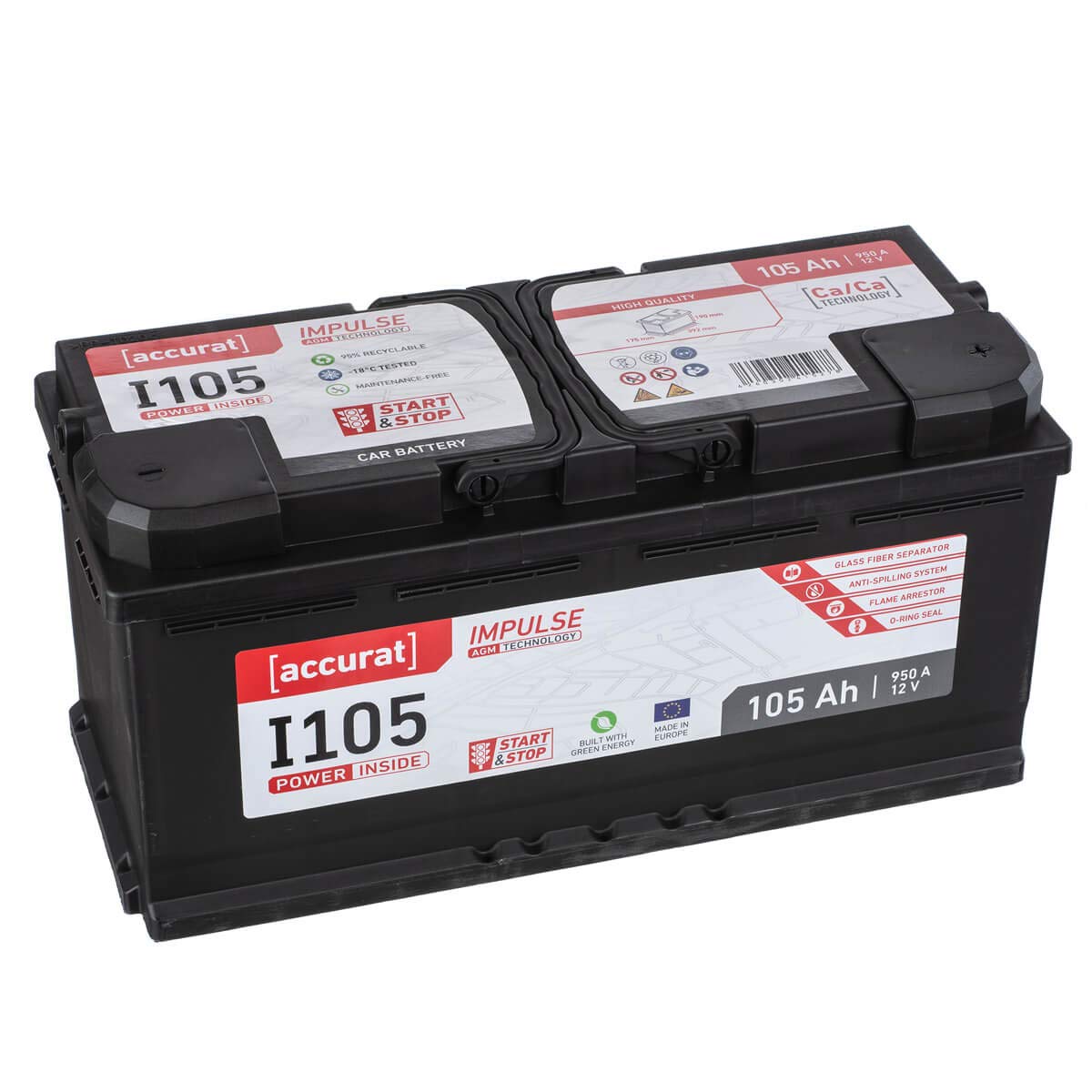 Accurat Impuls I105 AGM Autobatterie - 12V, 105Ah, 950A, zyklenfest, wartungsfrei, 30% mehr Startleistung, Ca-Technologie - Starterbatterie, Blei-Säure Batterie, Akku für Start-Stop & Hybrid Fahrzeuge von Accurat