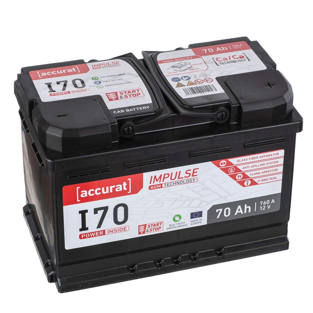 Accurat Impuls I70 AGM Autobatterie - 12V, 70Ah, 760A, zyklenfest, wartungsfrei, 30% mehr Startleistung, Ca-Technologie - Starterbatterie, Blei-Säure Batterie, Akku für Start-Stop & Hybrid Fahrzeuge von Accurat