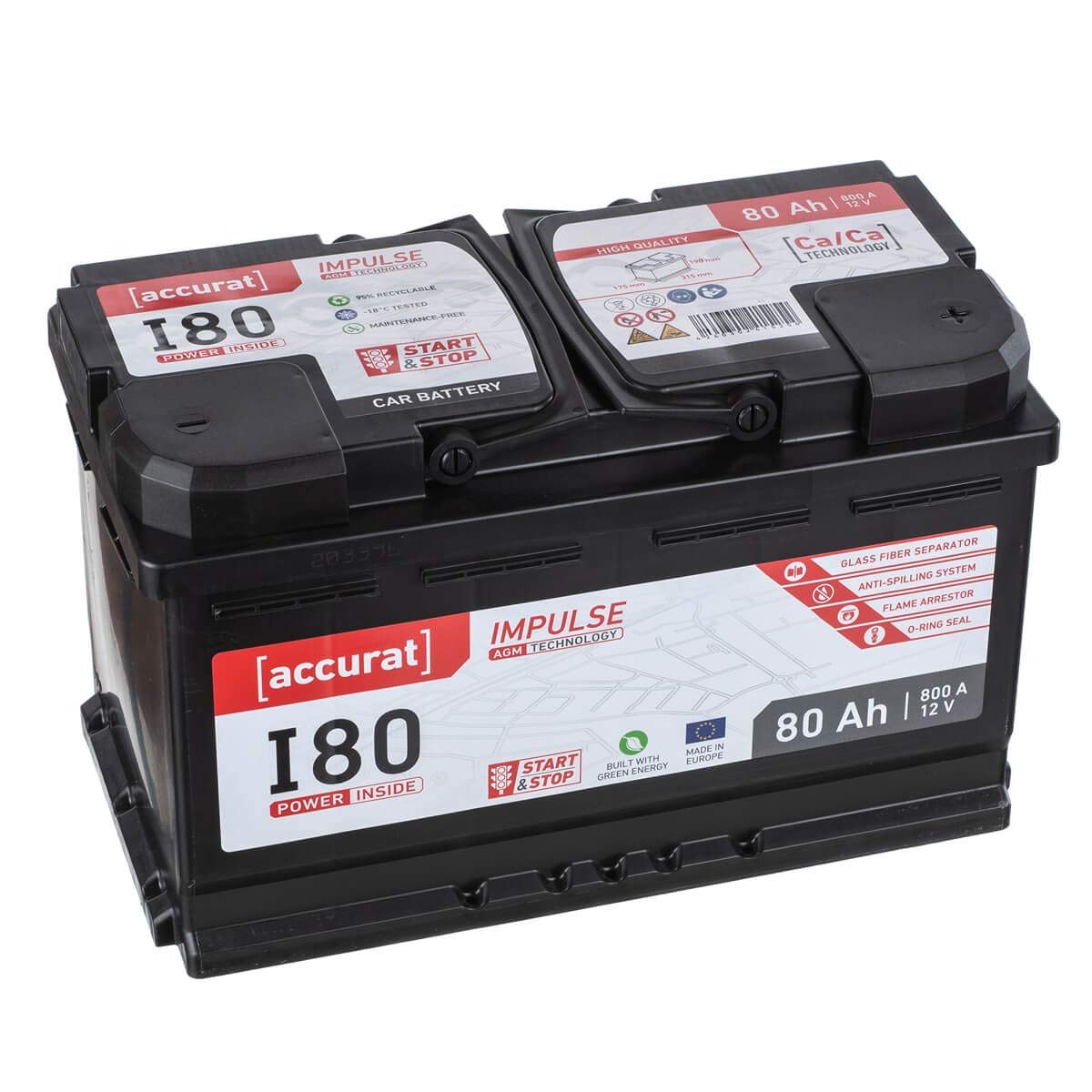 Accurat Impuls I80 AGM Autobatterie - 12V, 80Ah, 800A, zyklenfest, wartungsfrei, 30% mehr Startleistung, Ca-Technologie - Starterbatterie, Blei-Säure Batterie, Akku für Start-Stop & Hybrid Fahrzeuge von Accurat