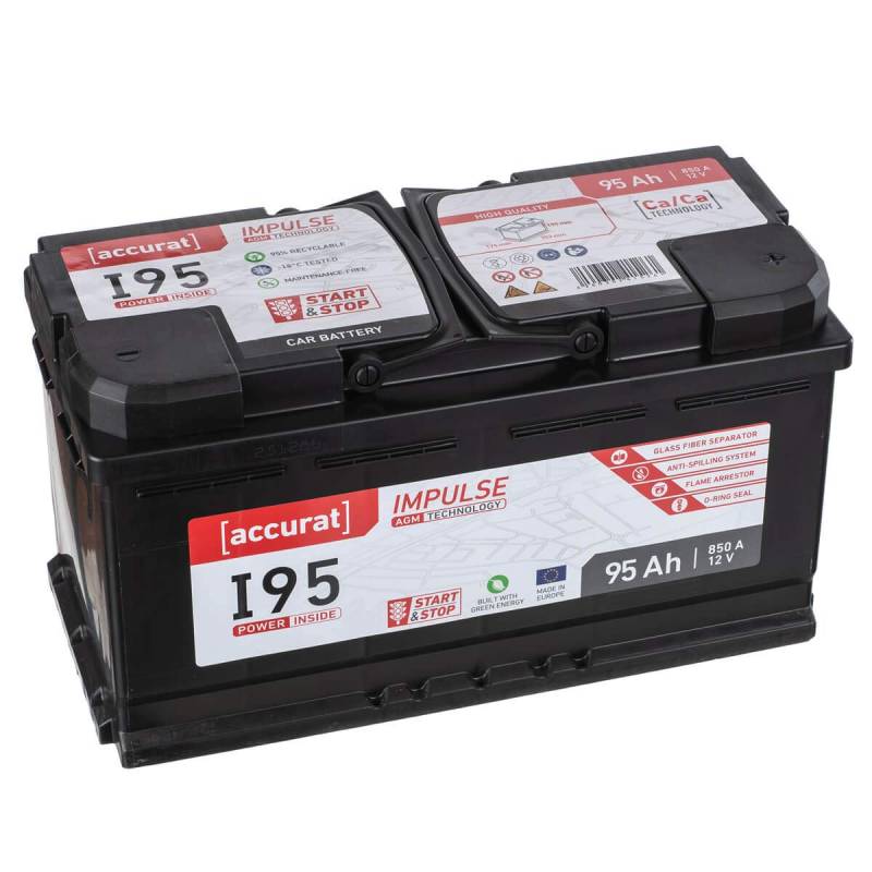 Accurat Impuls I95 AGM Autobatterie - 12V, 95Ah, 850A, zyklenfest, wartungsfrei, 30% mehr Startleistung, Ca-Technologie - Starterbatterie, Blei-Säure Batterie, Akku für Start-Stop & Hybrid Fahrzeuge von Accurat