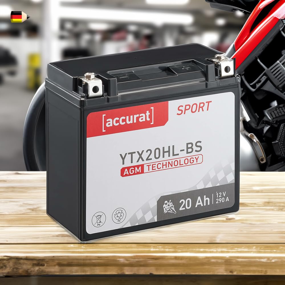 Accurat Motorradbatterie YTX20HL-BS - 12V, 20Ah, 290A, rüttelfest, wartungsfrei - Starterbatterie, AGM Batterie in Erstausrüsterqualität für Rasentraktor, Roller, Motorrad, Quad von Accurat