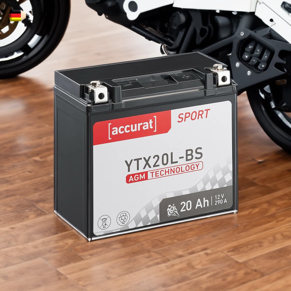 Accurat Motorradbatterie YTX20L-BS - 12V, 20Ah, 290A, rüttelfest, wartungsfrei - Starterbatterie, AGM Batterie in Erstausrüsterqualität für Rasentraktor, Roller, Motorrad, Quad von Accurat